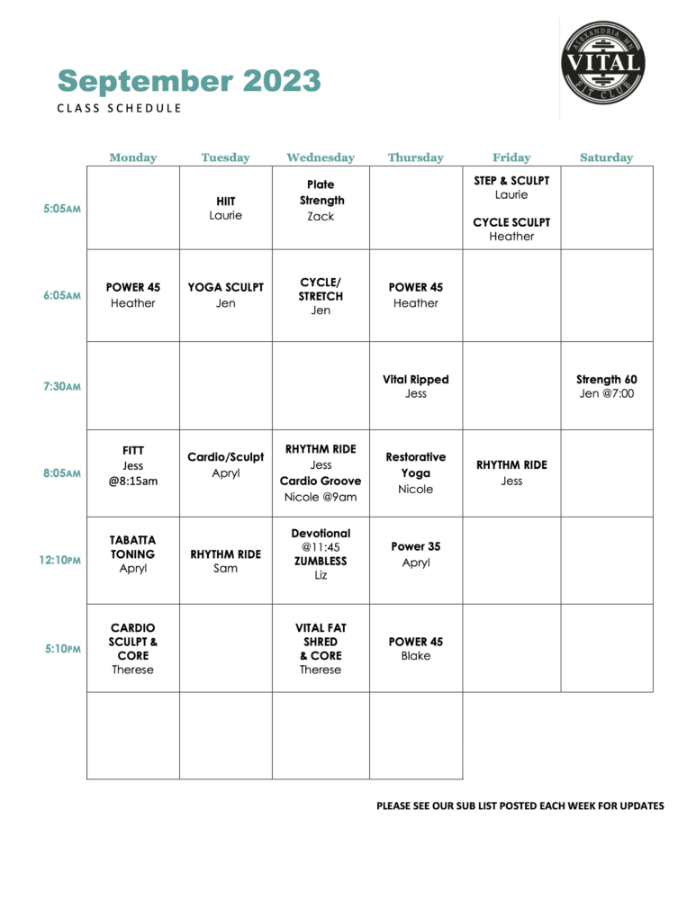 September 2023 Class Schedule at Vital Fit Club