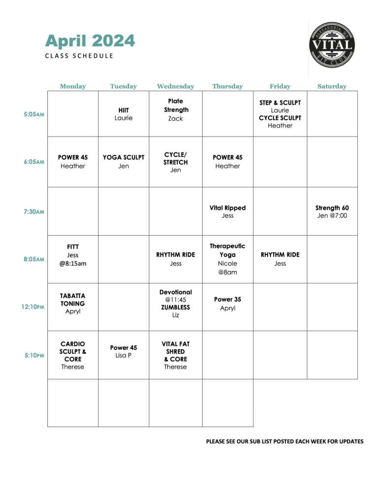 April 2024 Class Schedule - Vital Fit Club