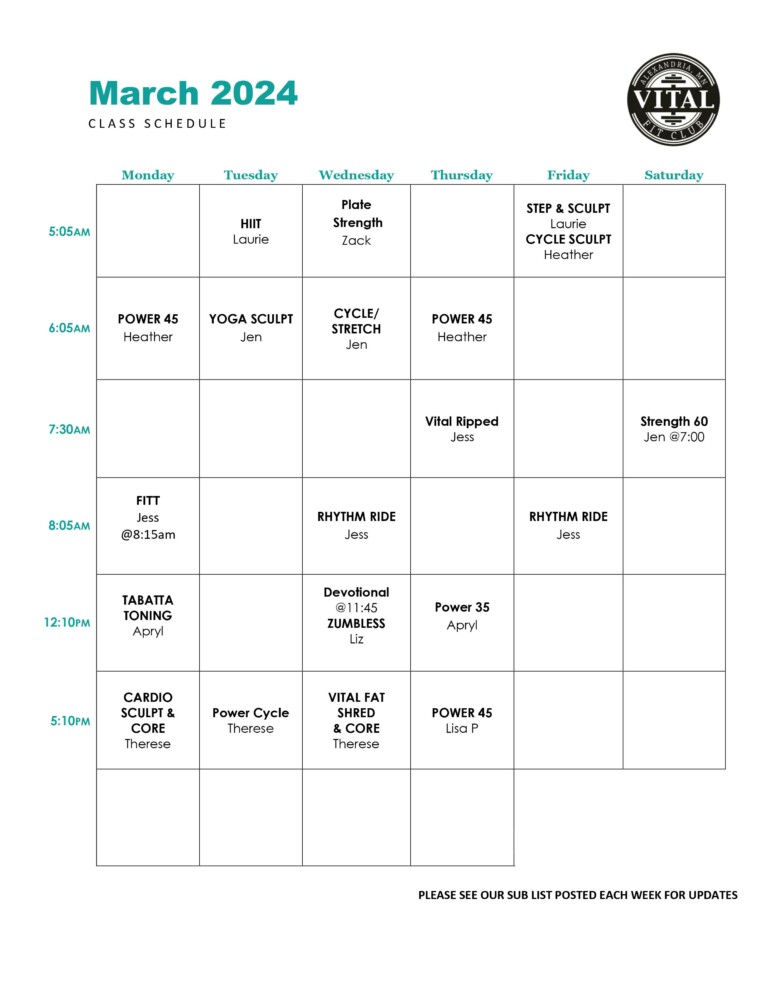 March 2024 Class Schedule - Vital Fit Club