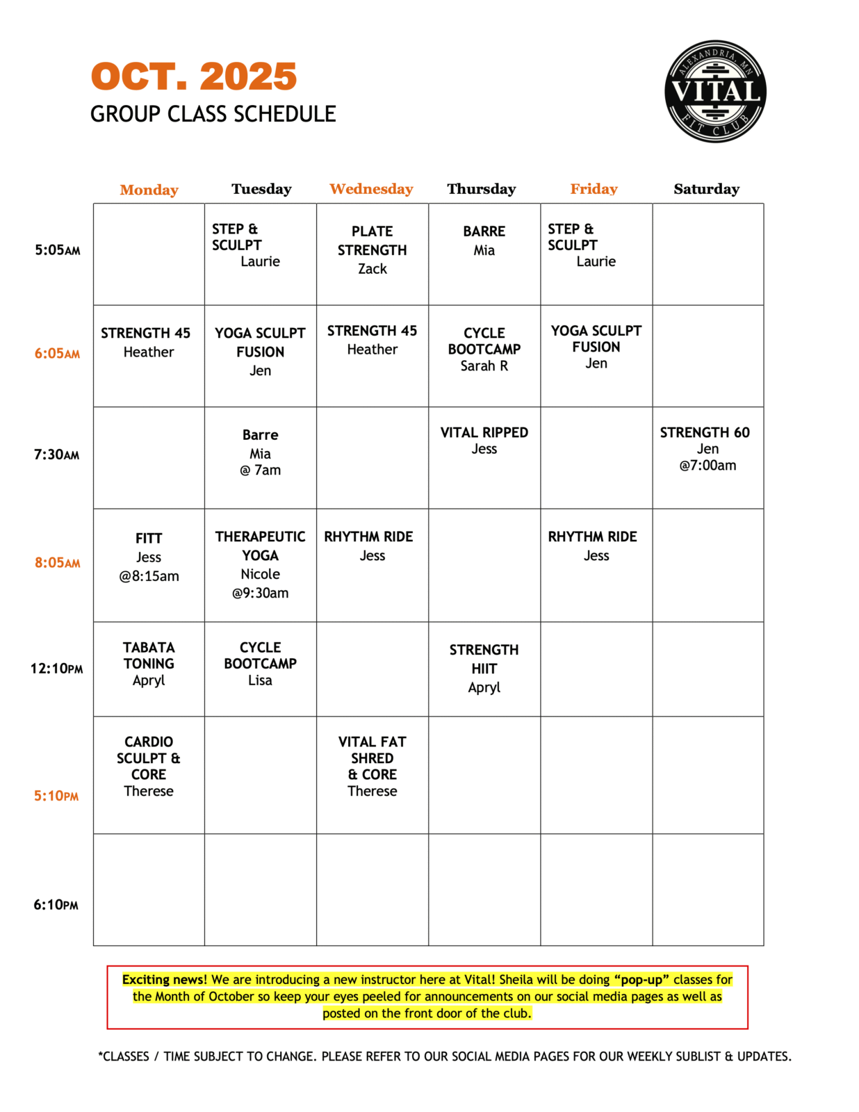 October 2025 Class Schedule - Vital Fit Club