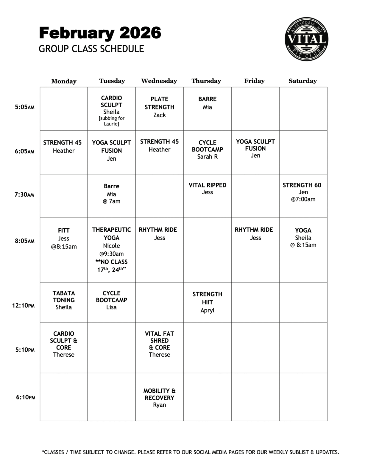 February 2026 Class Schedule - Vital Fit Club