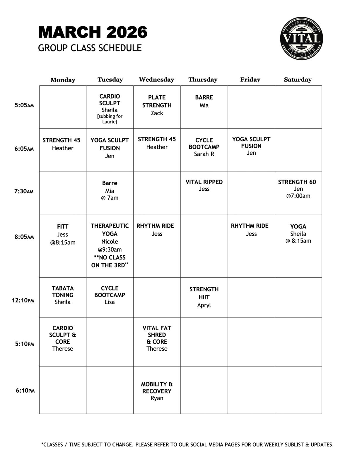 March 2026 Class Schedule - Vital Fit Club