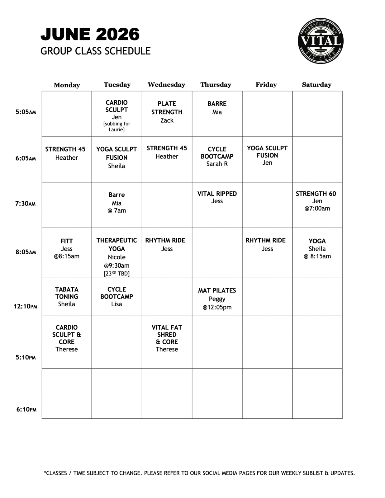 June 2026 Class Schedule - Vital Fit Club