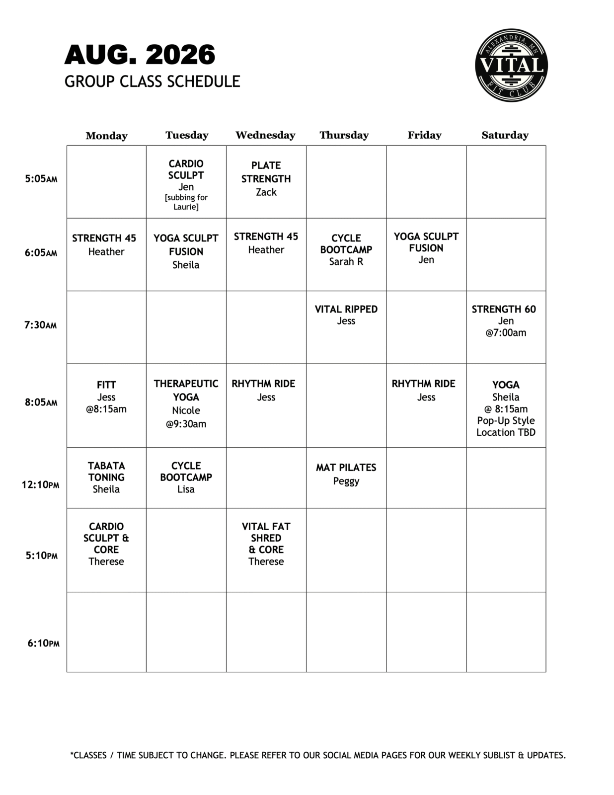 August 2026 Class Schedule - Vital Fit Club_2
