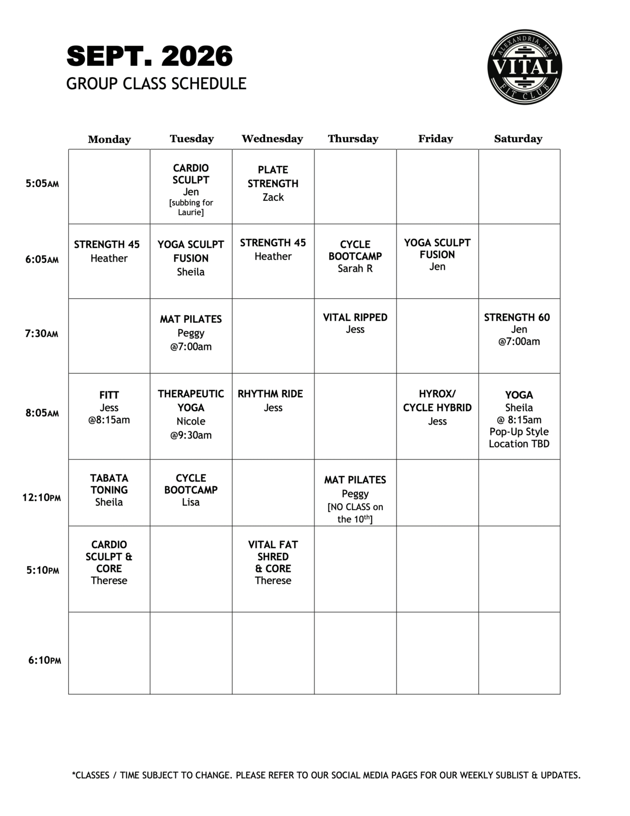 September 2026 Class Schedule - Vital Fit Club