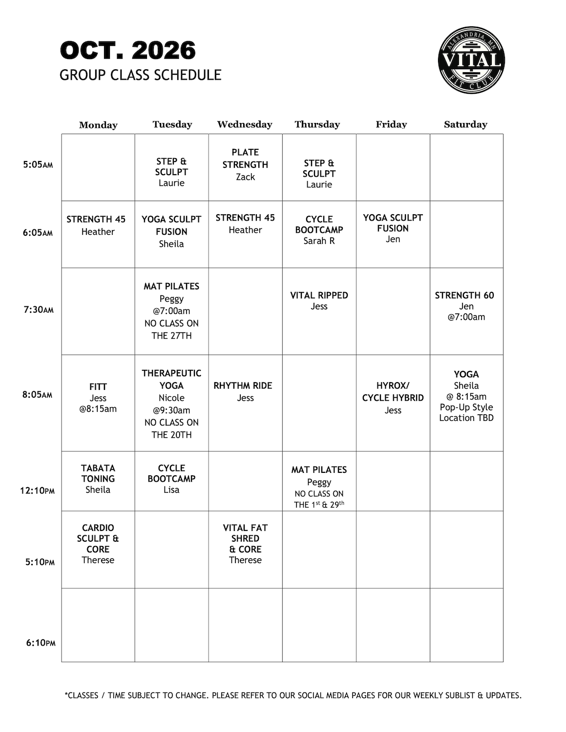 October 2026 Class Schedule - Vital Fit Club