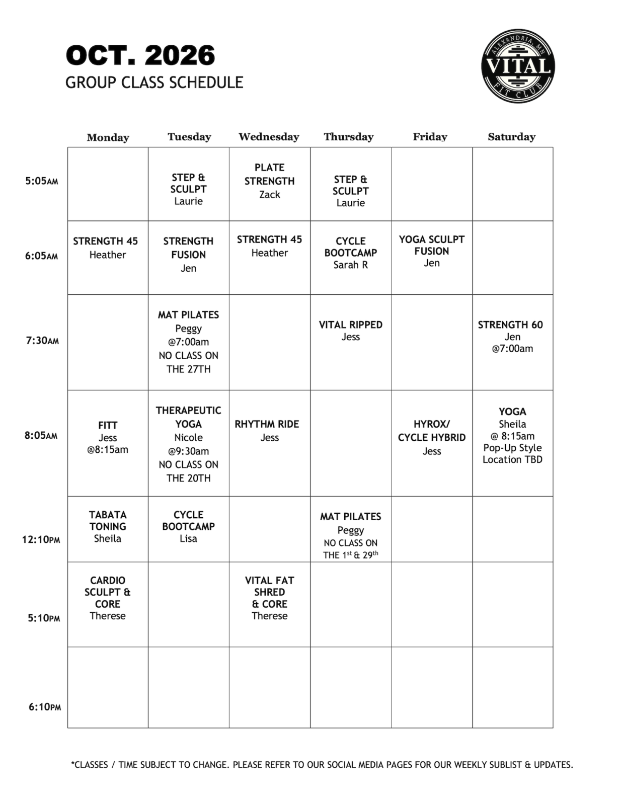 October 2026 v2 Class Schedule - Vital Fit Club